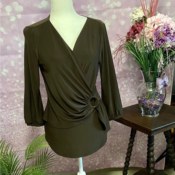 Brown Joseph Ribkoff NWT blouse with crossed front and buckle detail. Mocha - Picture 2 of 13